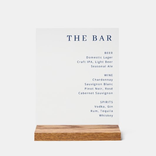 Elegante Navy Blauwe Typografische Bar Menu Acryl Bord (Voorkant)