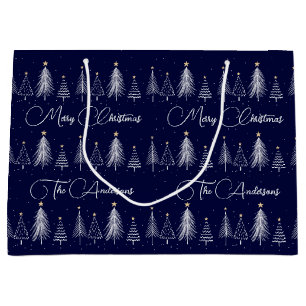 Elegante Navy Blauwe Winter Dennenbomen Kerstmis Groot Cadeauzakje
