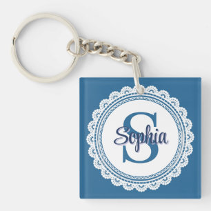 Elegante Navy Blauwe Witte Kant Monogram Naam Sleutelhanger