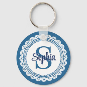 Elegante Navy Blauwe Witte Kant Monogram Naam Sleutelhanger