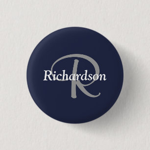 Elegante Navy Blauwe Witte Zilveren Grijze Monogra Ronde Button 3,2 Cm