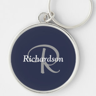 Elegante Navy Blauwe Witte Zilveren Grijze Monogra Sleutelhanger