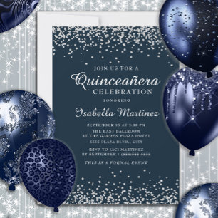 Elegante Navy Blauwe Zilveren Confetti Quinceañera Kaart