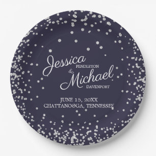 Elegante Navy Blauwe Zilveren Diamant Glitter Brui Papieren Bordje