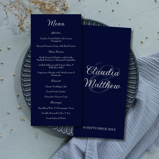Elegante Navy Blauwe & Zilveren Script Trouwmenu Menu