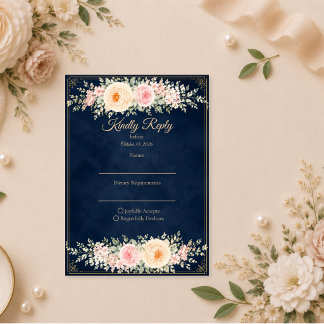 Elegante Navy Bloemige Bruiloft RSVP Kaartje