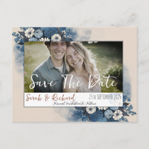 Elegante Navy Bloemige Foto Save the Date Briefkaart
