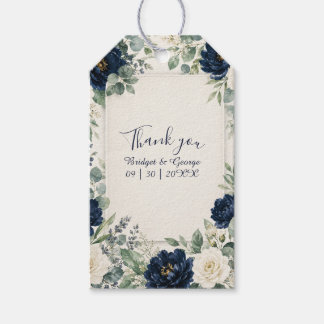 Elegante Navy Bloemrozen Grens Huwelijk Cadeaulabel