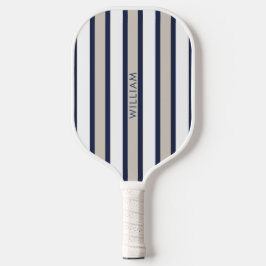 Elegante Navy Blue & Beige Stripes gepersonaliseer Pickleball Paddle