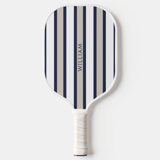 Elegante Navy Blue & Beige Stripes gepersonaliseer Pickleball Paddle (Voorkant)