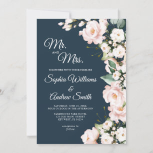 Elegante Navy Blue & Blush Roos Flowers Wedding Kaart