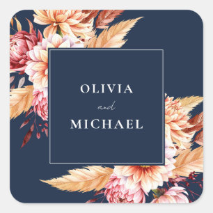 Elegante Navy Blue Boho Chic Bloemen Huwelijk Vierkante Sticker