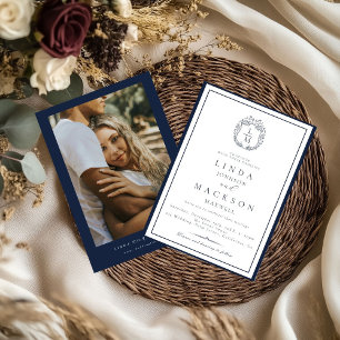 Elegante Navy Blue botanische wapenschild monogram Kaart