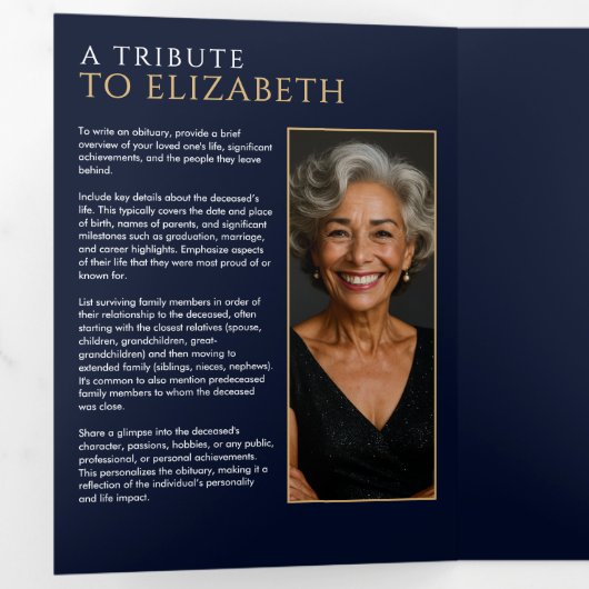 Elegante Navy Blue Celebration of Life Service Drieluik Programma (Binnenzijde eerst)