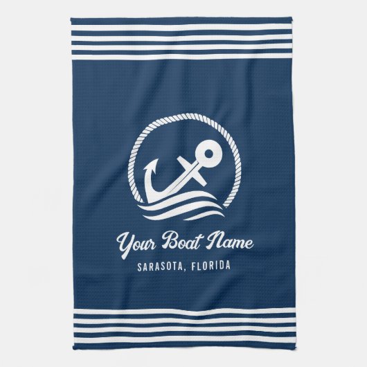 Elegante Navy Blue Custom Boat Naam Anker Theedoek (Verticaal)