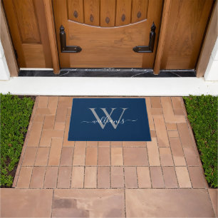 Elegante Navy Blue Custom Monogram Script Naam Deurmat