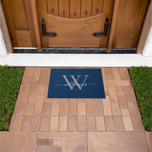 Elegante Navy Blue Custom Monogram Script Naam Deurmat (Buiten)