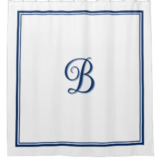 Elegante Navy Blue Double Border Script Monogram Douchegordijn