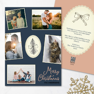 Elegante Navy Blue en Dusty Roos Kerstfoto Feestdagenkaart