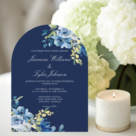 Elegante Navy Blue Floral Arch Evening Kaart