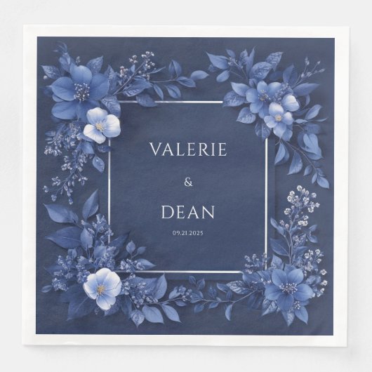 Elegante Navy Blue Floral bruiloft servetten (Voorkant)