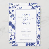 Elegante Navy Blue Floral Toile Save the Date Kaart (Voorkant / Achterkant)