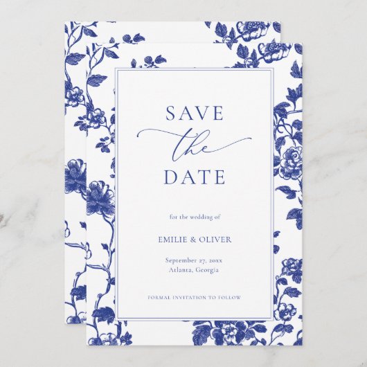 Elegante Navy Blue Floral Toile Save the Date Kaart (Voorkant / Achterkant)