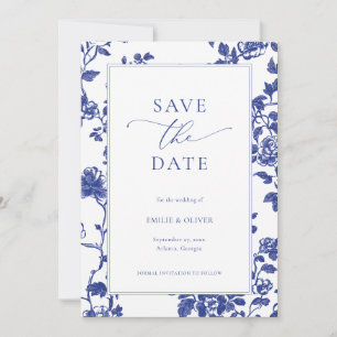 Elegante Navy Blue Floral Toile Save the Date Kaart