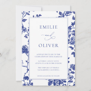 Elegante Navy Blue Floral Toile Wedding Kaart