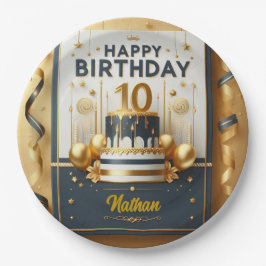 Elegante Navy Blue & Gold 10e verjaardag Papieren Bordje