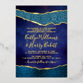 Elegante Navy Blue & Gold Agaat trouwrepetitie Folie Uitnodiging (Voorkant)