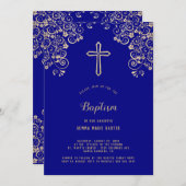Elegante Navy Blue Gold Cross Baptism uitnodiging (Voorkant / Achterkant)
