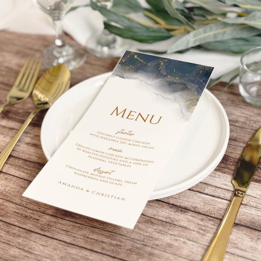 Elegante Navy Blue Gold Marble Wedding Menu