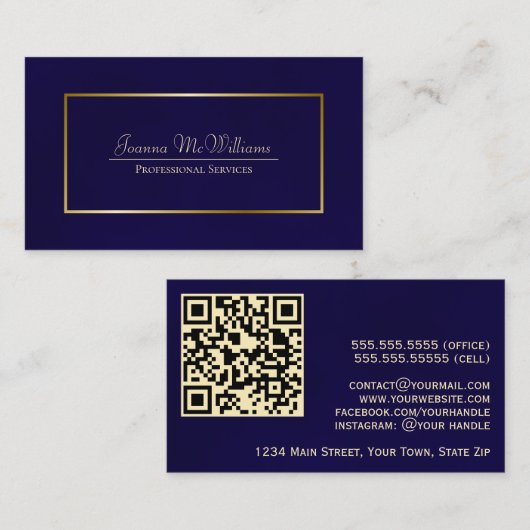 Elegante Navy Blue & Gold Professional QR-code Visitekaartje (Voorkant / Achterkant)