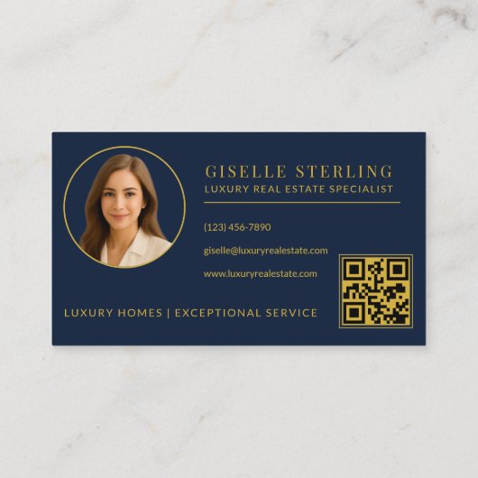 Elegante Navy Blue Gold Real Estate Agent QR Code Visitekaartje (Achterkant)