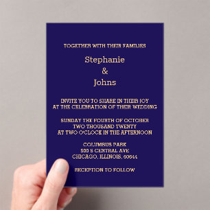 Elegante Navy Blue Gold Script Modern Cool Wedding Acryl Uitnodigingen