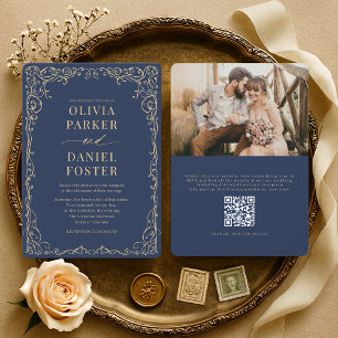 Elegante Navy Blue Gouden QR Code Foto Bruiloft Kaart