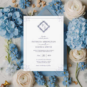 Elegante Navy Blue Monogram Huwelijksuitnodiging K Kaart