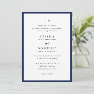 Elegante Navy Blue Monogram Moderne bruiloft Kaart