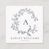 Elegante Navy Blue QR Code Monogram Bloemkam Vierkante Visitekaartje (Voorkant)