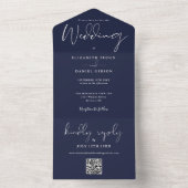 Elegante Navy Blue QR Code Monogram Bruiloft All In One Uitnodiging (Binnen)
