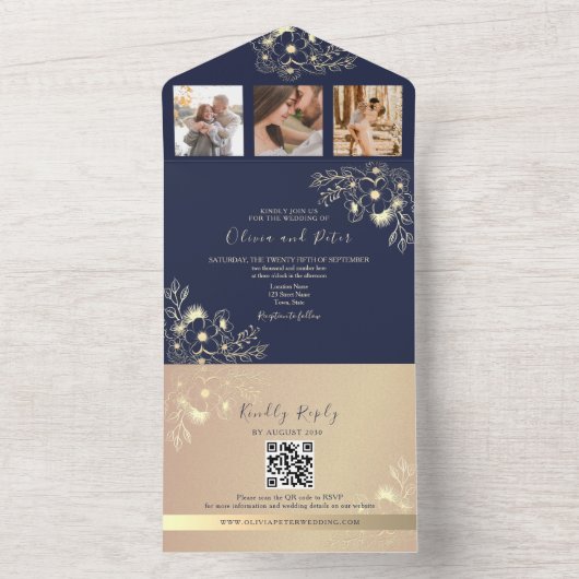 Elegante Navy Blue QR Code Wedding All In One Uitnodiging (Binnen)