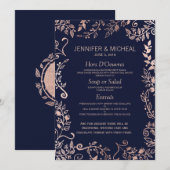 Elegante Navy Blue Roos Gold Floral Wedding Menu (Voorkant / Achterkant)