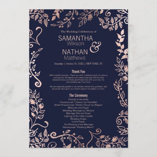 Elegante Navy Blue Roos Gold Floral Wedding Progra Programma (Voorkant)