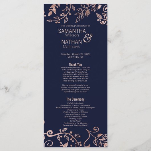 Elegante Navy Blue Roos Gold Floral Wedding Progra Programma (Voorkant)