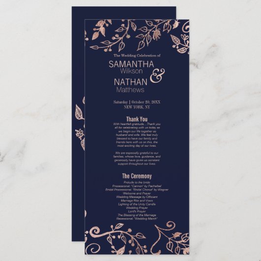 Elegante Navy Blue Roos Gold Floral Wedding Progra Programma (Voorkant / Achterkant)