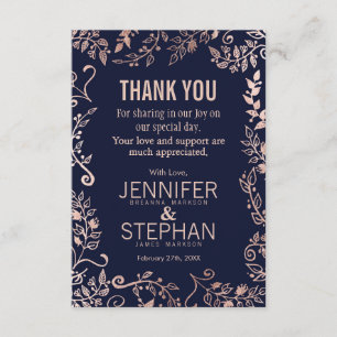 Elégante Navy Blue Rose Gold Floral Merci Cartes