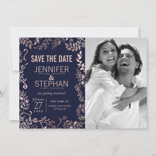 Elegante Navy Blue Roze Gouden Bloemige Save the D Date (Voorkant)