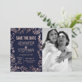 Elegante Navy Blue Roze Gouden Bloemige Save the D Date (Staand voorkant)