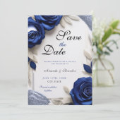 Elegante Navy Blue Rozen & Silver Glitter Wedding Save The Date (Staand voorkant)